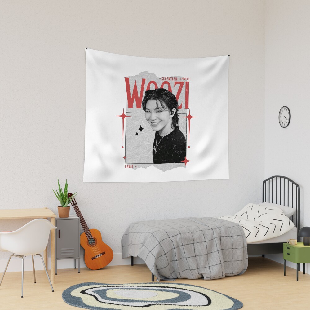 Seventeen Black And Red Woozi Group Members Y2k Preppy Collage Design Tapestry