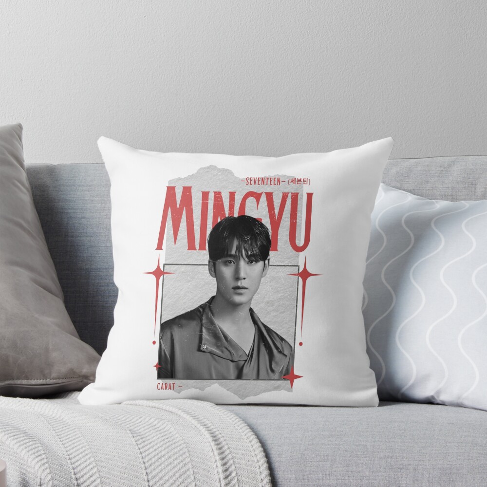 Seventeen Black And Red Mingyu Group Members Y2k Preppy Collage Design Throw Pillow