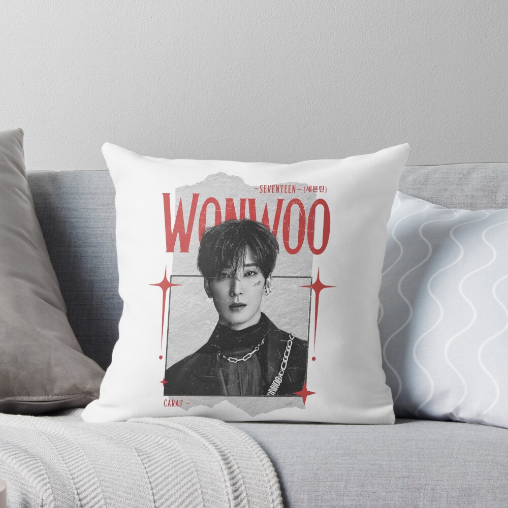Seventeen Black And Red Wonwoo Group Members Y2k Preppy Collage Design Throw Pillow